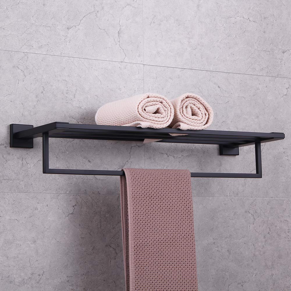 Gerzwy Towel Shelf With Towel Bar Rack Organizer For Bathroom 24-Inch Sus 304 Stainless Steel Modern Wall Mount Matte Black